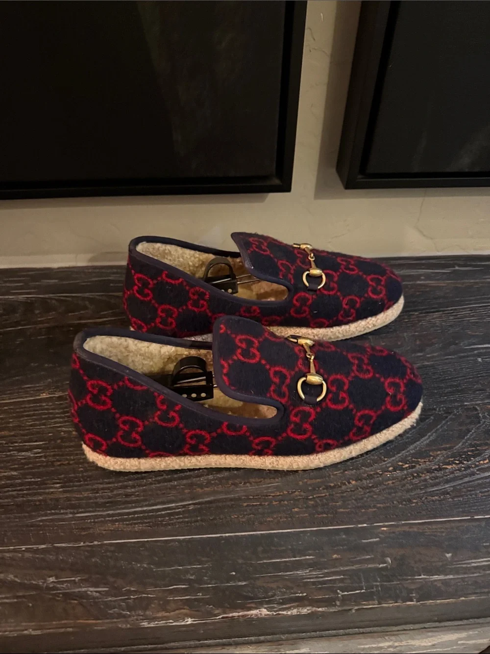 Gucci Navy & Red GG Wool Horsebit Loafers